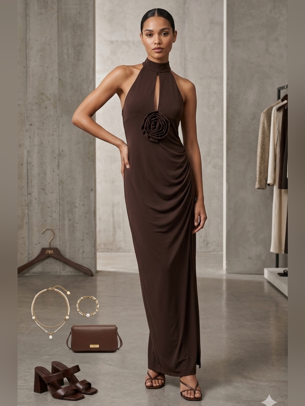Zara Chocolate Brown Halter Maxi Dress with Floral Waist Detail Very Stretchy 🤎